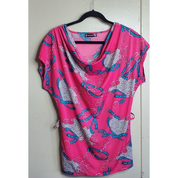 𝅺Love Couture Jeans pink mix cheetah chain prints Large top - Picture 2 of 11